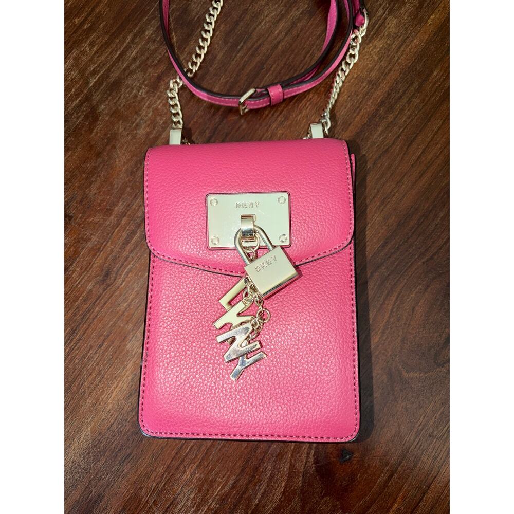 DKNY Pink Pebbled Leather Phone Crossbody Bag Gold Tone Lock Charm Chain Leather - Picture 4 of 11
